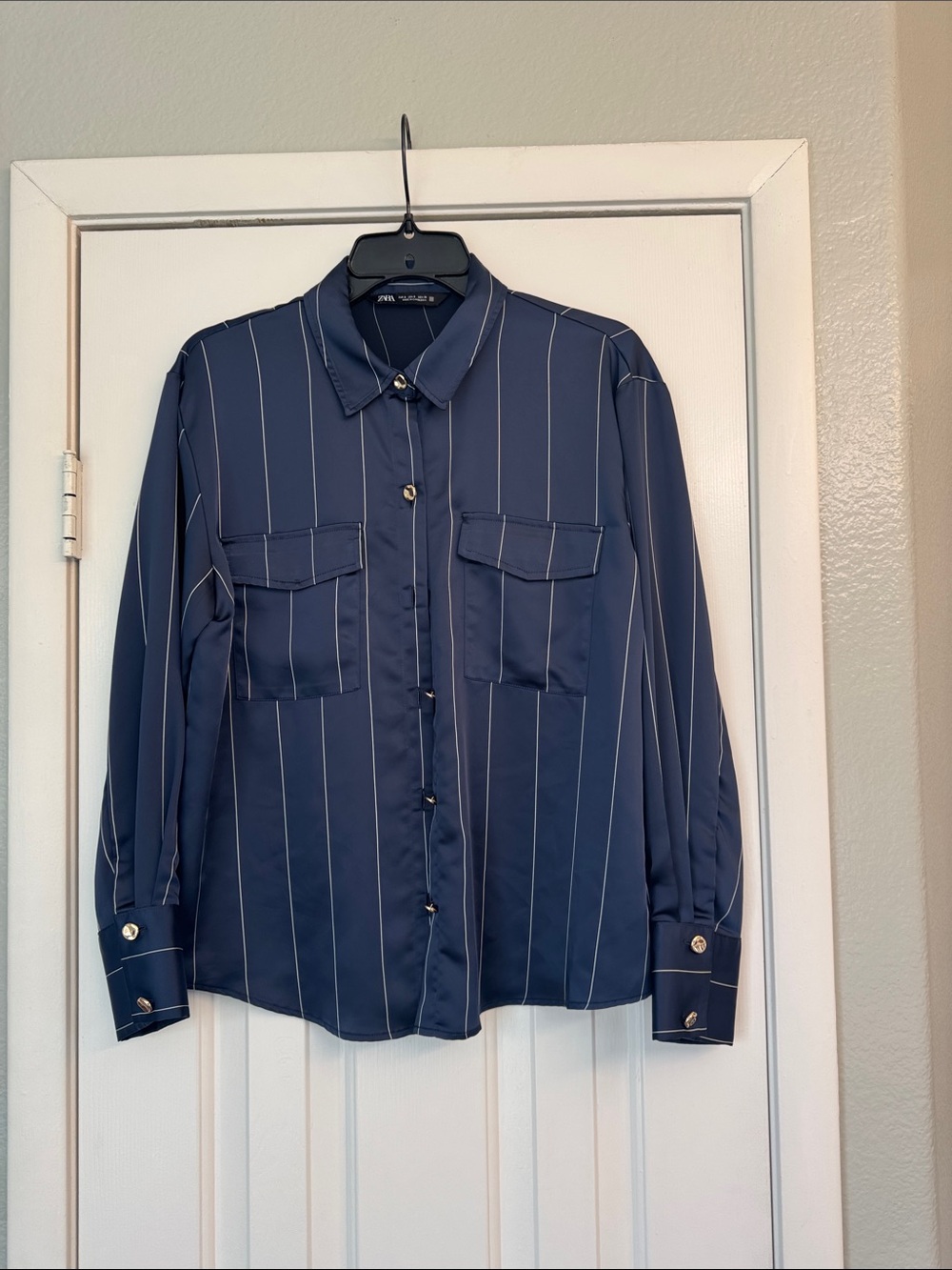 Zara Navy Blue Pinstripe Blouse